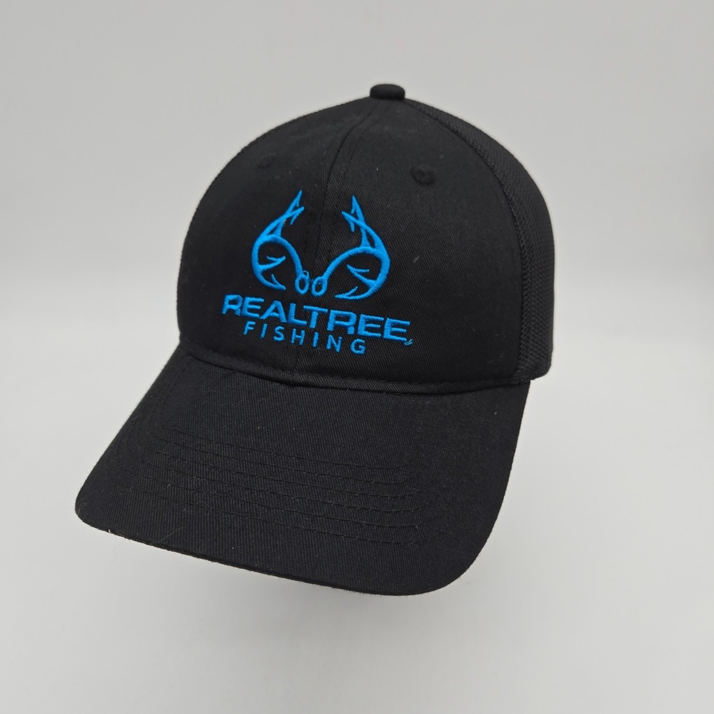 Realtree Fishing Strapback Hat Baseball Cap Black Blue Deer Antler Logo OSFA